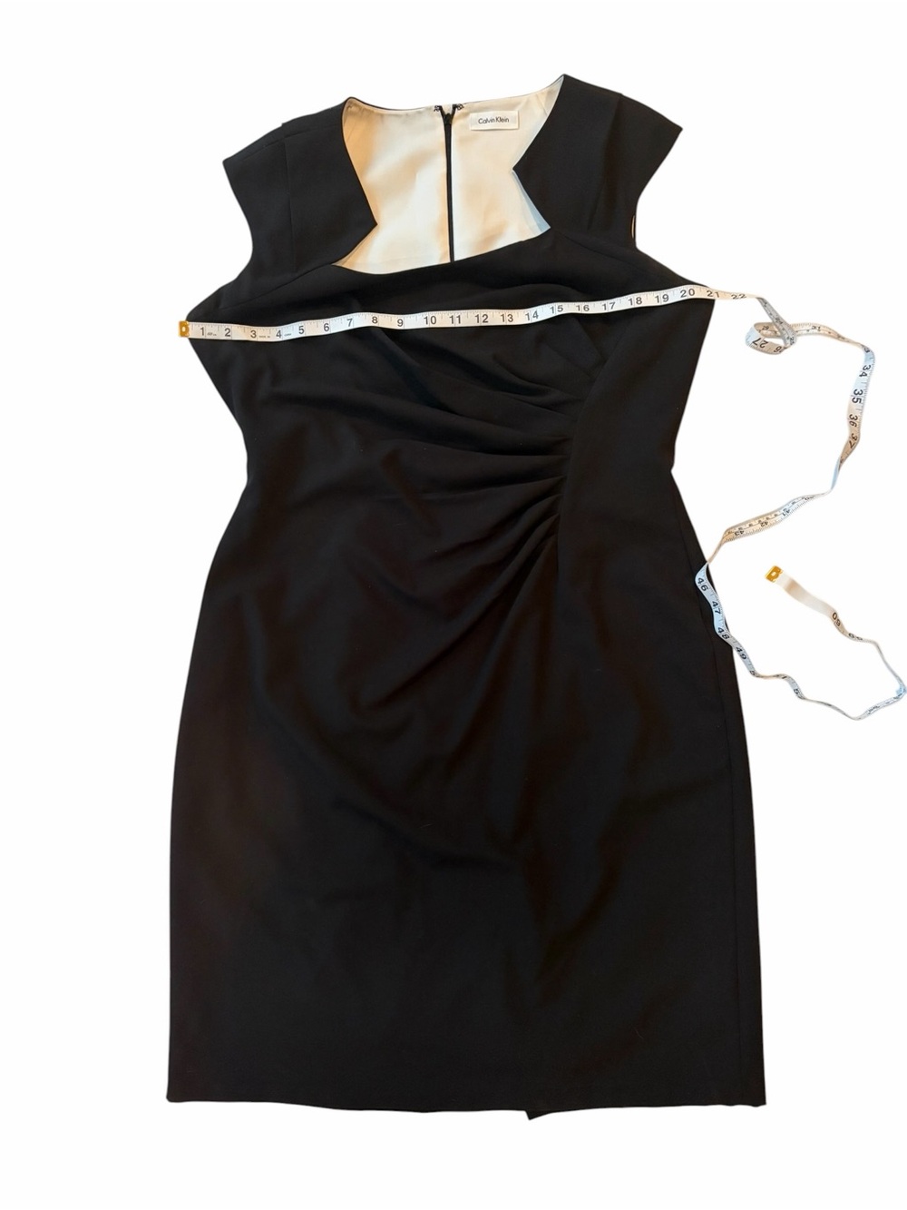 Calvin Klein Black Ruched Side Asymmetric Neck Sheath Dress 14 EUC - Picture 5 of 8